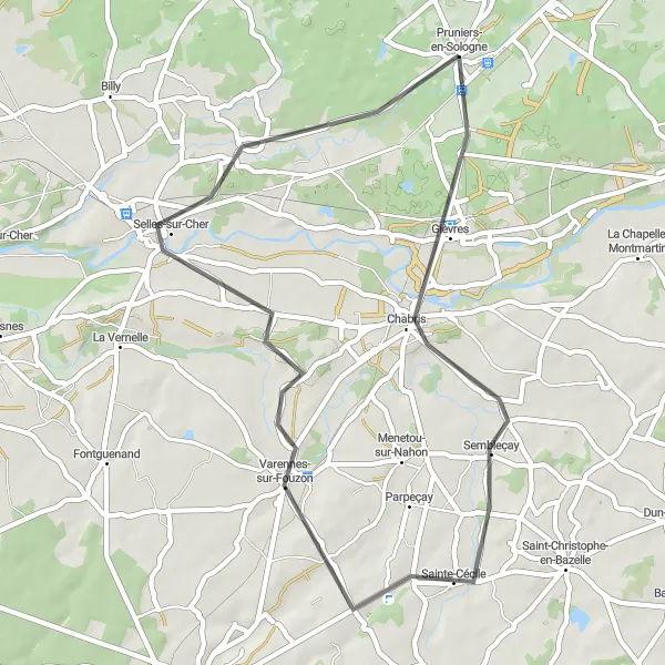 Map miniature of "Gièvres and Selles-sur-Cher Loop" cycling inspiration in Centre — Val de Loire, France. Generated by Tarmacs.app cycling route planner