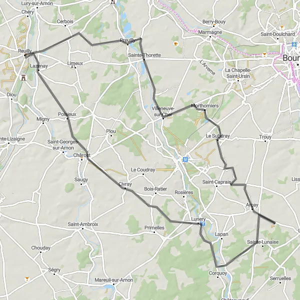 Map miniature of "Road Cycling Route from Reuilly to Sainte-Thorette" cycling inspiration in Centre — Val de Loire, France. Generated by Tarmacs.app cycling route planner