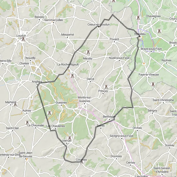 Map miniature of "Berthegon and Loudun Road Loop" cycling inspiration in Centre — Val de Loire, France. Generated by Tarmacs.app cycling route planner