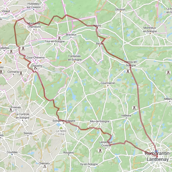 Map miniature of "Countryside Charm of Sologne on Gravel Tracks" cycling inspiration in Centre — Val de Loire, France. Generated by Tarmacs.app cycling route planner