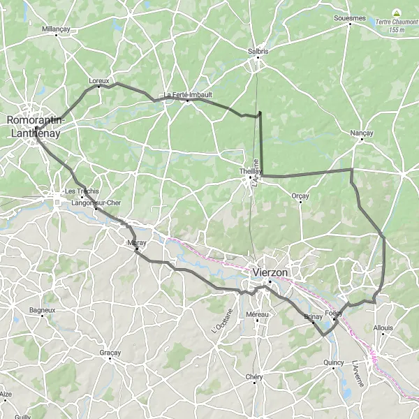 Map miniature of "Road Route 2" cycling inspiration in Centre — Val de Loire, France. Generated by Tarmacs.app cycling route planner