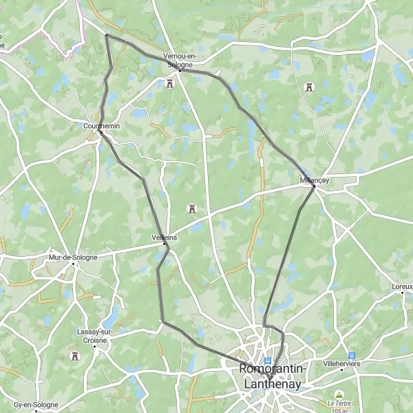 Map miniature of "Serene Countryside Cycling in Veilleins and Beyond" cycling inspiration in Centre — Val de Loire, France. Generated by Tarmacs.app cycling route planner