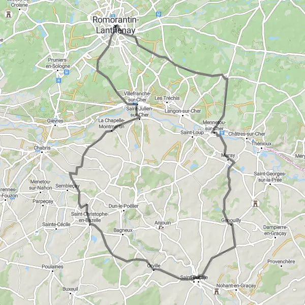 Miniature de la carte de l'inspiration cycliste "Boucle des Villages de la Sologne" dans la Centre — Val de Loire, France. Générée par le planificateur d'itinéraire cycliste Tarmacs.app