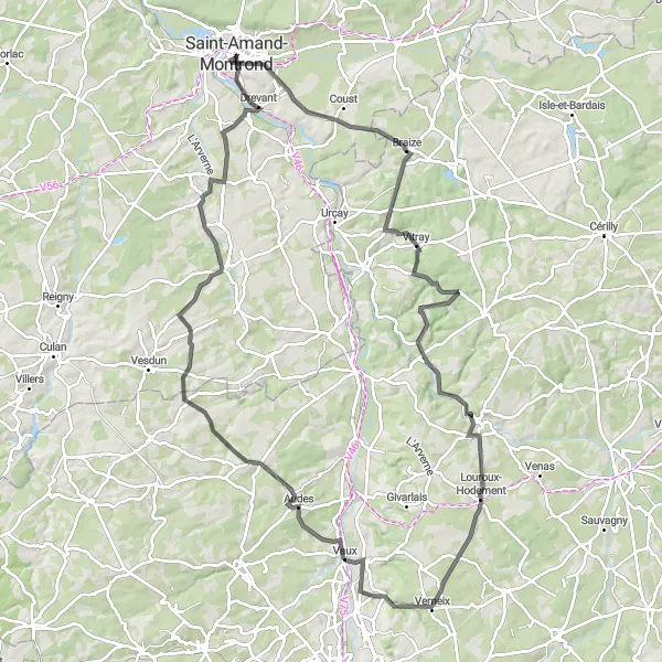 Miniature de la carte de l'inspiration cycliste "Boucle de la Vallée Touristique" dans la Centre — Val de Loire, France. Générée par le planificateur d'itinéraire cycliste Tarmacs.app
