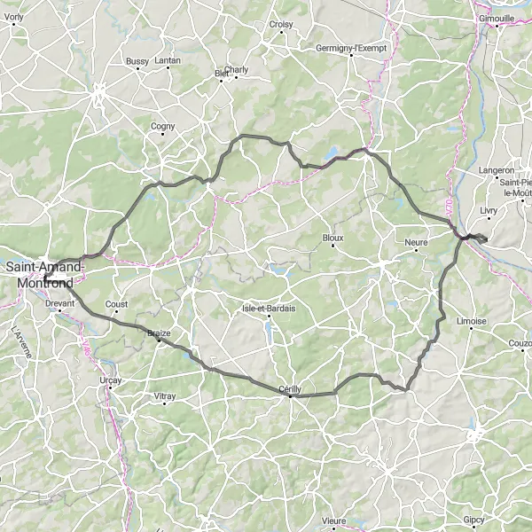 Miniature de la carte de l'inspiration cycliste "Parcours des Châteaux et des Étangs" dans la Centre — Val de Loire, France. Générée par le planificateur d'itinéraire cycliste Tarmacs.app
