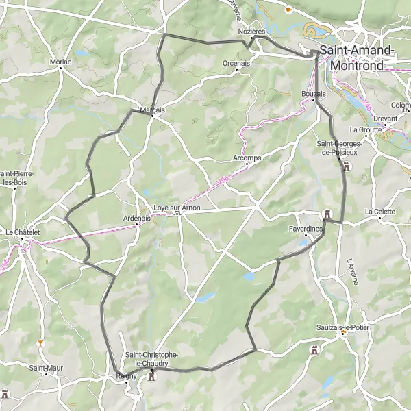 Map miniature of "Road Cycling Adventure from Saint-Amand-Montrond to Nozières" cycling inspiration in Centre — Val de Loire, France. Generated by Tarmacs.app cycling route planner