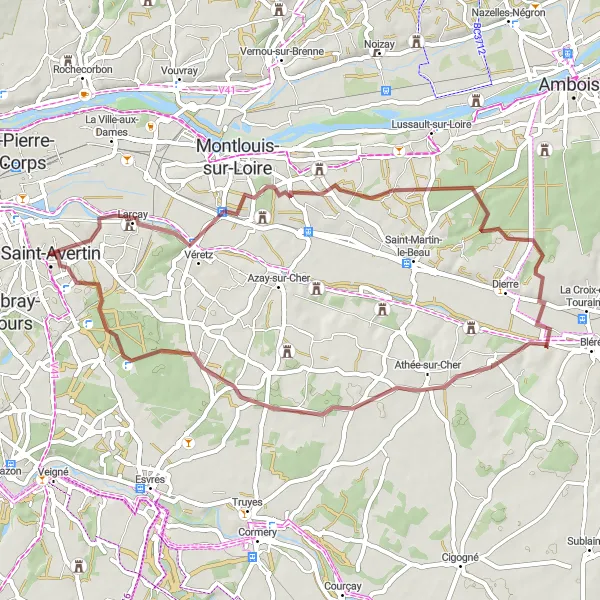 Miniature de la carte de l'inspiration cycliste "Randonnée Vélo entre Châteaux et Nature" dans la Centre — Val de Loire, France. Générée par le planificateur d'itinéraire cycliste Tarmacs.app