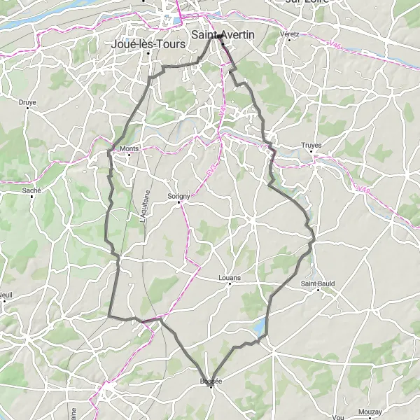 Miniature de la carte de l'inspiration cycliste "Boucle de la Vallée de la Loire" dans la Centre — Val de Loire, France. Générée par le planificateur d'itinéraire cycliste Tarmacs.app