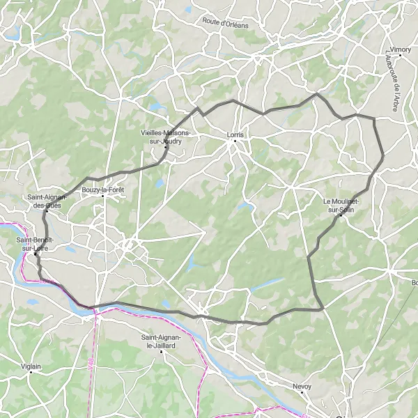 Map miniature of "Ouzouer-sur-Loire Countryside Ride" cycling inspiration in Centre — Val de Loire, France. Generated by Tarmacs.app cycling route planner