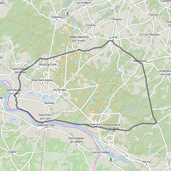 Map miniature of "Château de Dampierre-en-Burly Loop" cycling inspiration in Centre — Val de Loire, France. Generated by Tarmacs.app cycling route planner