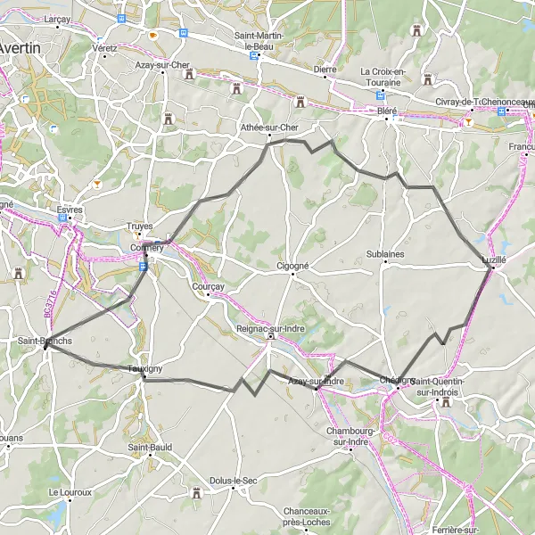 Miniature de la carte de l'inspiration cycliste "Parcours à travers Cormery et Azay-sur-Indre" dans la Centre — Val de Loire, France. Générée par le planificateur d'itinéraire cycliste Tarmacs.app