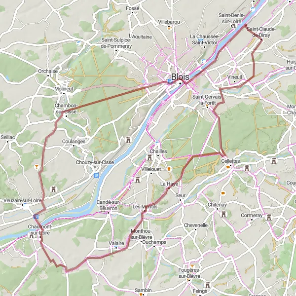 Miniature de la carte de l'inspiration cycliste "Exploration des Châteaux du Val de Loire" dans la Centre — Val de Loire, France. Générée par le planificateur d'itinéraire cycliste Tarmacs.app