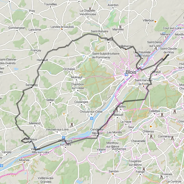 Miniature de la carte de l'inspiration cycliste "Tour des Châteaux de la Loire et de la Vallée" dans la Centre — Val de Loire, France. Générée par le planificateur d'itinéraire cycliste Tarmacs.app