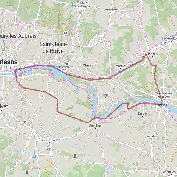 Miniature de la carte de l'inspiration cycliste "Exploration de Donnery à Vélo" dans la Centre — Val de Loire, France. Générée par le planificateur d'itinéraire cycliste Tarmacs.app