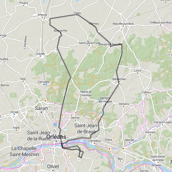 Map miniature of "Round Trip from Saint-Denis-en-Val via Saint-Jean-le-Blanc and Bucy-le-Roi" cycling inspiration in Centre — Val de Loire, France. Generated by Tarmacs.app cycling route planner
