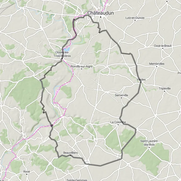 Map miniature of "Les Trois-Rivières Challenge" cycling inspiration in Centre — Val de Loire, France. Generated by Tarmacs.app cycling route planner