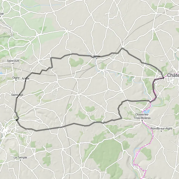 Map miniature of "Saint-Denis-les-Ponts Loop via Douy" cycling inspiration in Centre — Val de Loire, France. Generated by Tarmacs.app cycling route planner