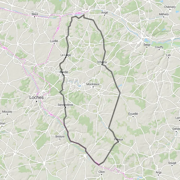Miniature de la carte de l'inspiration cycliste "Le Tour des Châteaux de la Loire" dans la Centre — Val de Loire, France. Générée par le planificateur d'itinéraire cycliste Tarmacs.app