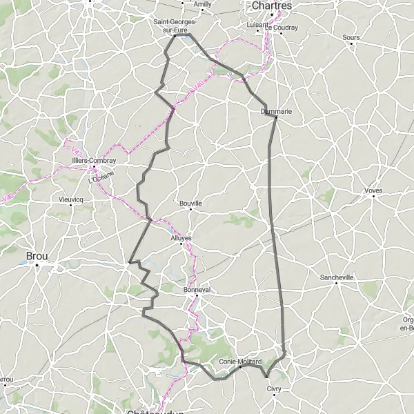 Miniature de la carte de l'inspiration cycliste "Circuit du Val de Loire" dans la Centre — Val de Loire, France. Générée par le planificateur d'itinéraire cycliste Tarmacs.app