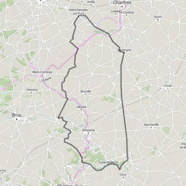 Map miniature of "Eure Valley Adventure" cycling inspiration in Centre — Val de Loire, France. Generated by Tarmacs.app cycling route planner