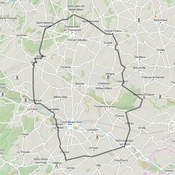 Miniature de la carte de l'inspiration cycliste "Boucle dans la vallée de l'Eure" dans la Centre — Val de Loire, France. Générée par le planificateur d'itinéraire cycliste Tarmacs.app