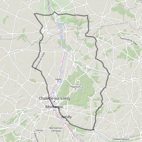 Miniature de la carte de l'inspiration cycliste "Les Villages du Loing" dans la Centre — Val de Loire, France. Générée par le planificateur d'itinéraire cycliste Tarmacs.app