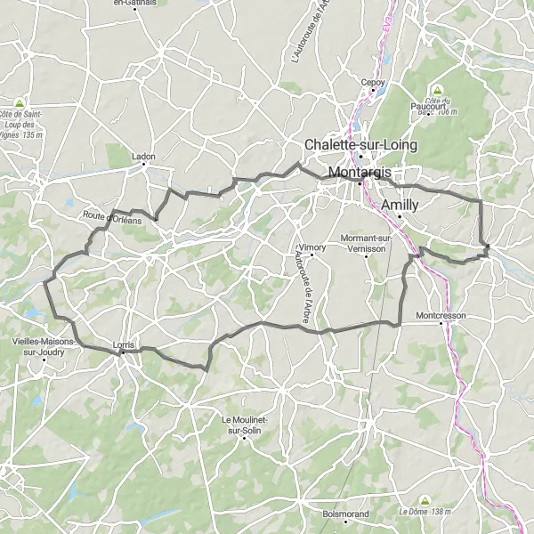 Map miniature of "Enchanting Montargis" cycling inspiration in Centre — Val de Loire, France. Generated by Tarmacs.app cycling route planner