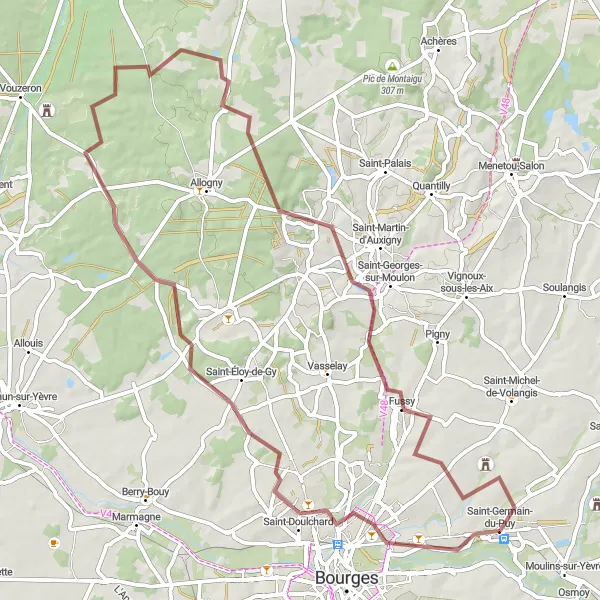 Miniature de la carte de l'inspiration cycliste "Circuit de vélo gravel entre Saint-Germain-du-Puy et Fussy" dans la Centre — Val de Loire, France. Générée par le planificateur d'itinéraire cycliste Tarmacs.app