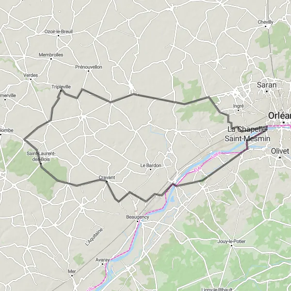 Miniature de la carte de l'inspiration cycliste "Parcours Route à travers la vallée de la Loire" dans la Centre — Val de Loire, France. Générée par le planificateur d'itinéraire cycliste Tarmacs.app