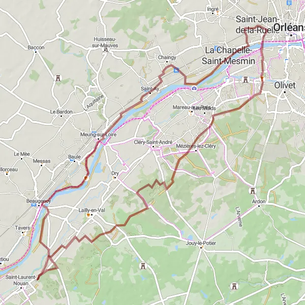Miniature de la carte de l'inspiration cycliste "Graviers de Beaugency" dans la Centre — Val de Loire, France. Générée par le planificateur d'itinéraire cycliste Tarmacs.app