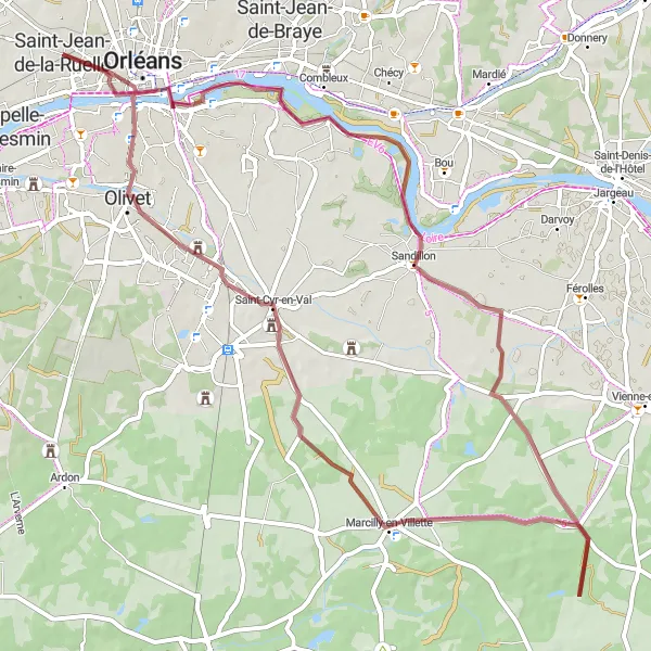 Miniature de la carte de l'inspiration cycliste "Randonnée gravel vers Saint-Cyr-en-Val" dans la Centre — Val de Loire, France. Générée par le planificateur d'itinéraire cycliste Tarmacs.app