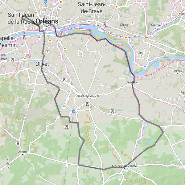 Miniature de la carte de l'inspiration cycliste "Chemin des Châteaux d'Orléans" dans la Centre — Val de Loire, France. Générée par le planificateur d'itinéraire cycliste Tarmacs.app