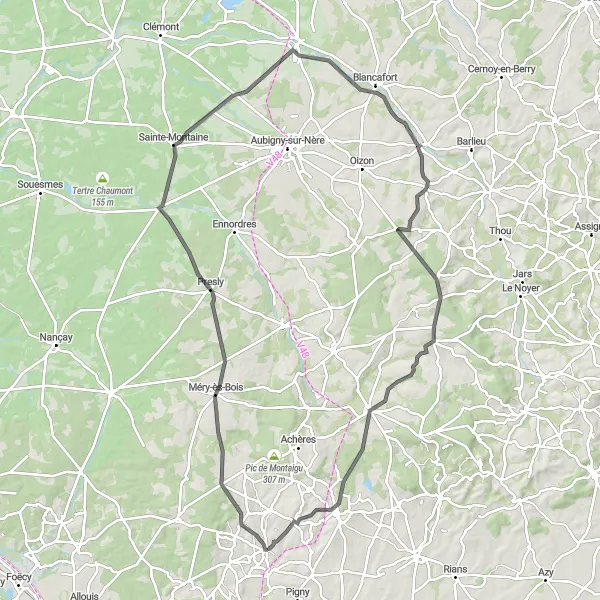 Miniature de la carte de l'inspiration cycliste "Tour des Châteaux de la Vallée de la Sauldre" dans la Centre — Val de Loire, France. Générée par le planificateur d'itinéraire cycliste Tarmacs.app