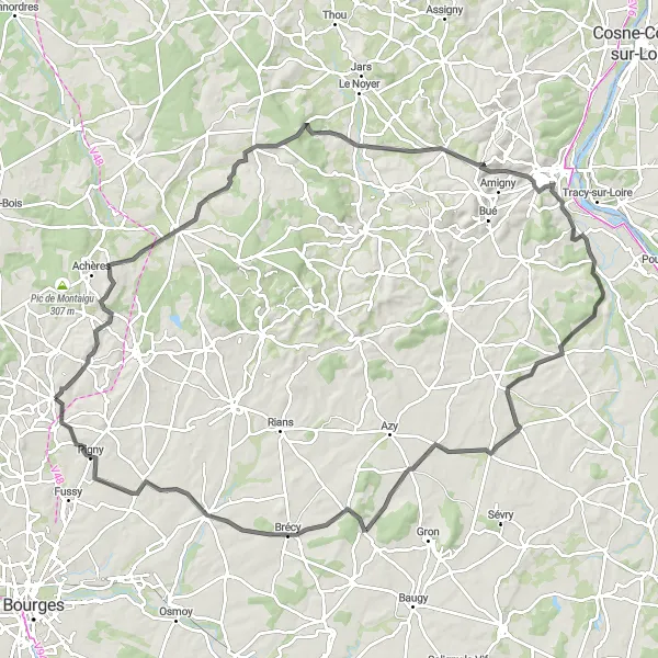 Miniature de la carte de l'inspiration cycliste "Parcours Historique du Berry" dans la Centre — Val de Loire, France. Générée par le planificateur d'itinéraire cycliste Tarmacs.app