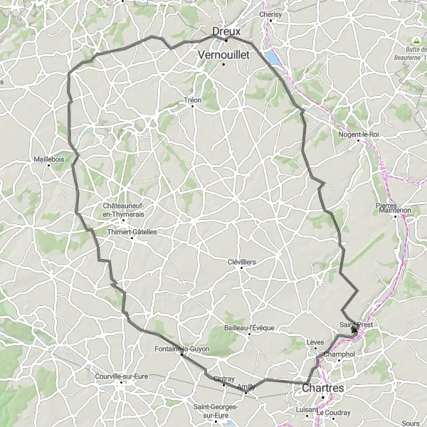 Map miniature of "Grand Tour of Dreux" cycling inspiration in Centre — Val de Loire, France. Generated by Tarmacs.app cycling route planner