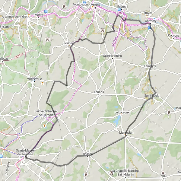 Map miniature of "Touraine vineyards and peaceful countryside" cycling inspiration in Centre — Val de Loire, France. Generated by Tarmacs.app cycling route planner