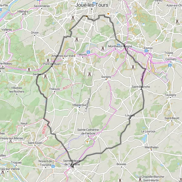 Miniature de la carte de l'inspiration cycliste "Escapade à travers la Forêt de Chinon" dans la Centre — Val de Loire, France. Générée par le planificateur d'itinéraire cycliste Tarmacs.app