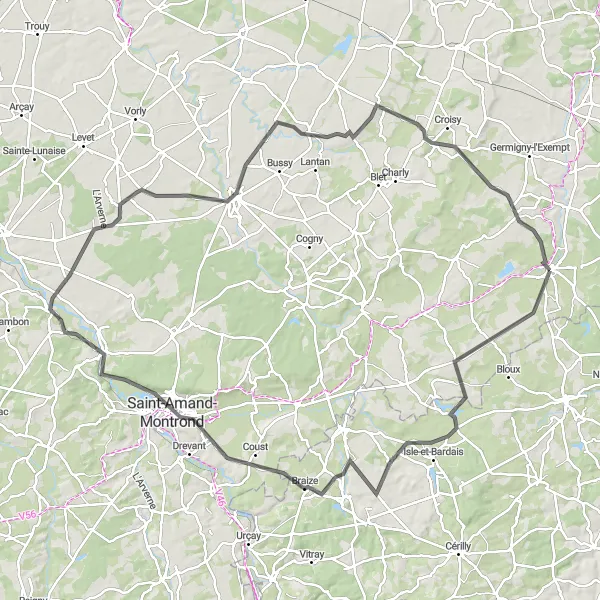 Map miniature of "Through Saint-Aignan-des-Noyers and Dun-sur-Auron" cycling inspiration in Centre — Val de Loire, France. Generated by Tarmacs.app cycling route planner