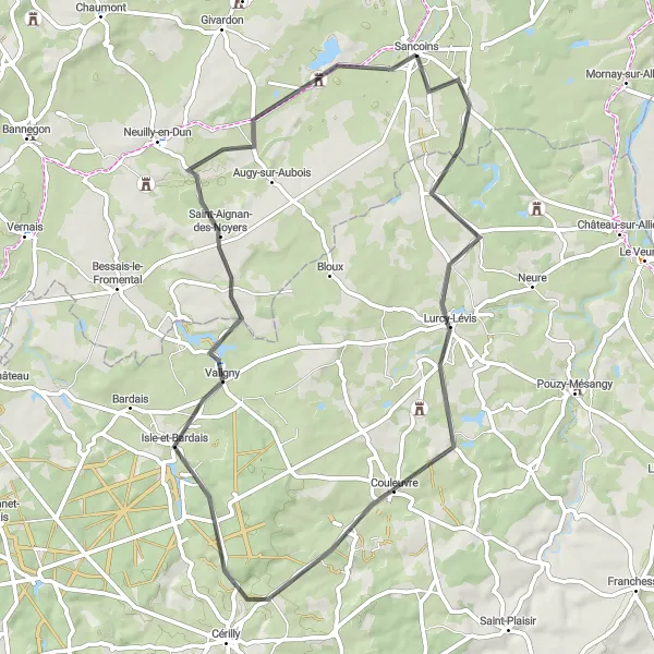 Map miniature of "Discover the Hidden Charms of the Sancoins Region" cycling inspiration in Centre — Val de Loire, France. Generated by Tarmacs.app cycling route planner