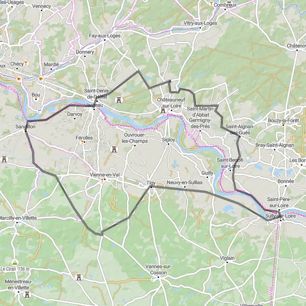 Miniature de la carte de l'inspiration cycliste "Boucle des Vallées de Sologne" dans la Centre — Val de Loire, France. Générée par le planificateur d'itinéraire cycliste Tarmacs.app