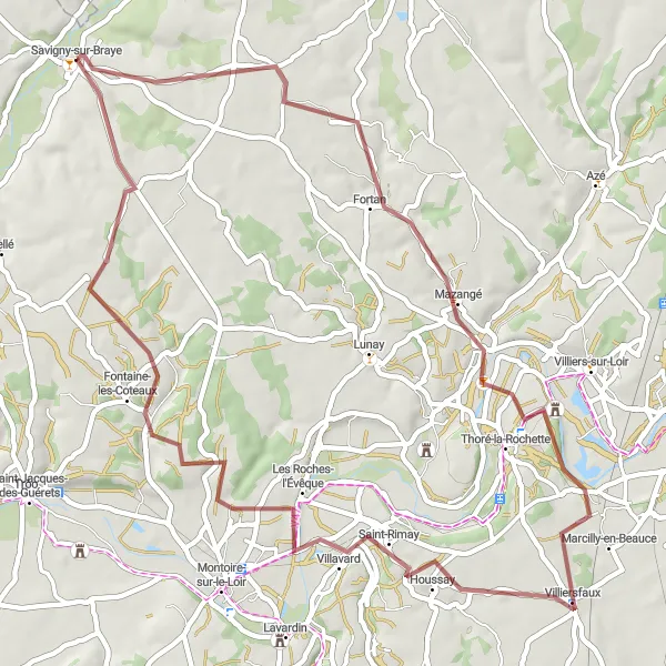 Miniature de la carte de l'inspiration cycliste "Parcours gravel autour de Savigny-sur-Braye" dans la Centre — Val de Loire, France. Générée par le planificateur d'itinéraire cycliste Tarmacs.app
