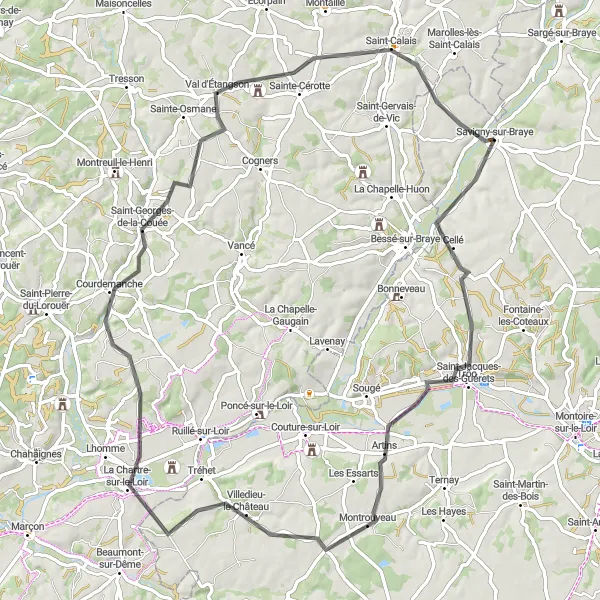 Miniature de la carte de l'inspiration cycliste "Escapade à travers la campagne du Loir-et-Cher" dans la Centre — Val de Loire, France. Générée par le planificateur d'itinéraire cycliste Tarmacs.app