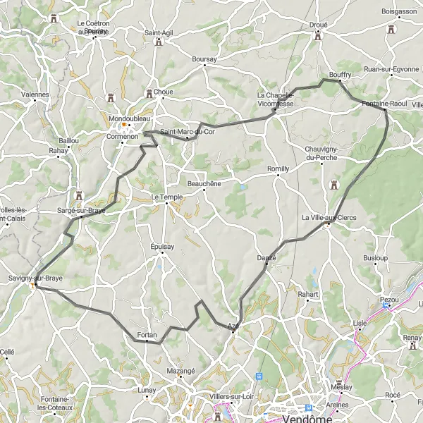 Miniature de la carte de l'inspiration cycliste "Parcours cycliste vers Saint-Marc-du-Cor" dans la Centre — Val de Loire, France. Générée par le planificateur d'itinéraire cycliste Tarmacs.app