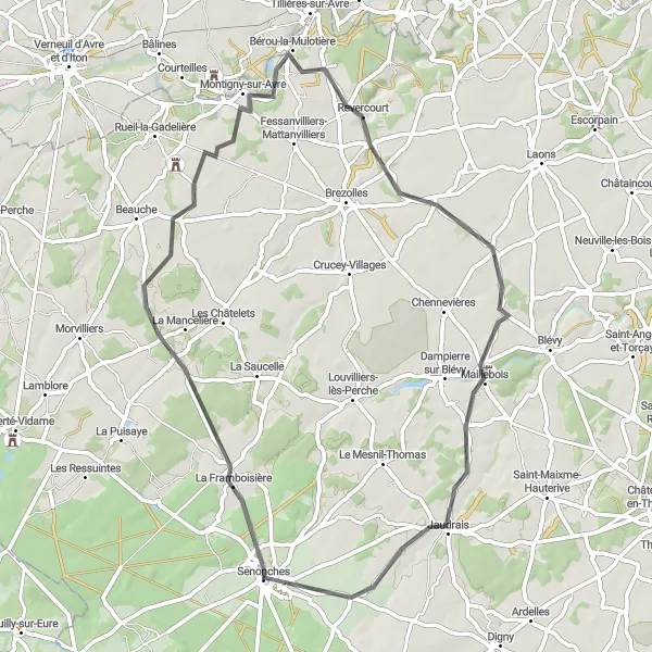 Miniature de la carte de l'inspiration cycliste "Parcours cyclable de 59 km vers Montigny-sur-Avre" dans la Centre — Val de Loire, France. Générée par le planificateur d'itinéraire cycliste Tarmacs.app
