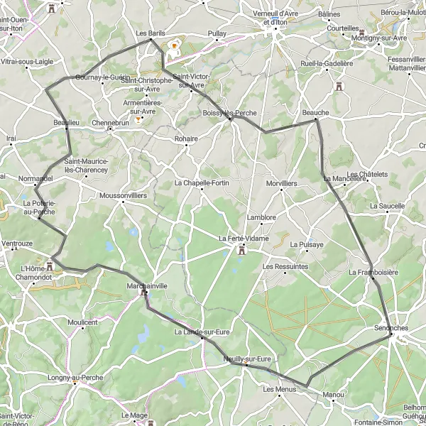 Miniature de la carte de l'inspiration cycliste "Circuit de La Lande-sur-Eure" dans la Centre — Val de Loire, France. Générée par le planificateur d'itinéraire cycliste Tarmacs.app