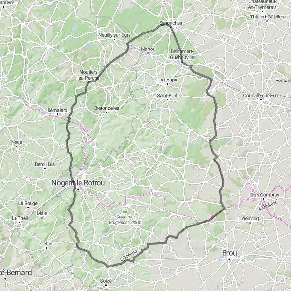 Map miniature of "Senonches to Belhomert-Guéhouville Loop" cycling inspiration in Centre — Val de Loire, France. Generated by Tarmacs.app cycling route planner