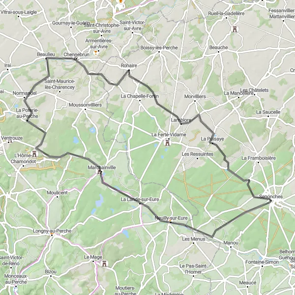 Map miniature of "Senonches to Marchainville Loop" cycling inspiration in Centre — Val de Loire, France. Generated by Tarmacs.app cycling route planner