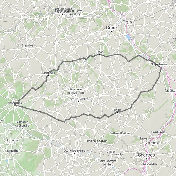 Map miniature of "Senonches to Maillebois Loop" cycling inspiration in Centre — Val de Loire, France. Generated by Tarmacs.app cycling route planner