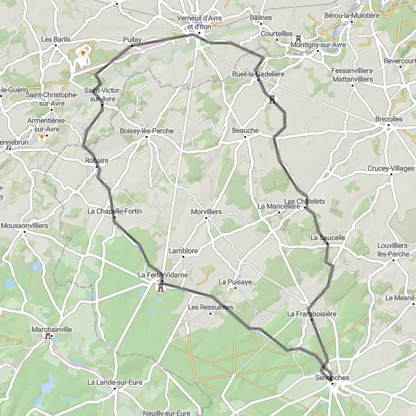 Miniature de la carte de l'inspiration cycliste "Boucle cyclable de 60 km depuis Senonches" dans la Centre — Val de Loire, France. Générée par le planificateur d'itinéraire cycliste Tarmacs.app