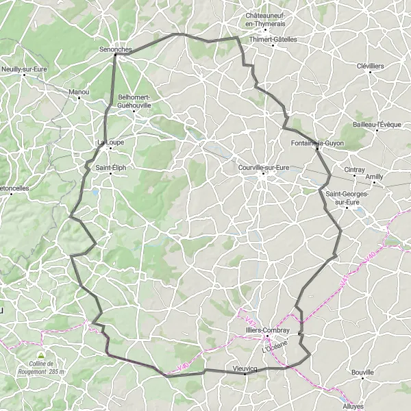 Miniature de la carte de l'inspiration cycliste "Randonnée de 119 km avec dénivelé prononcé" dans la Centre — Val de Loire, France. Générée par le planificateur d'itinéraire cycliste Tarmacs.app